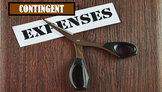 Scissors cutting the word expenses written on a paper strip, over wooden background